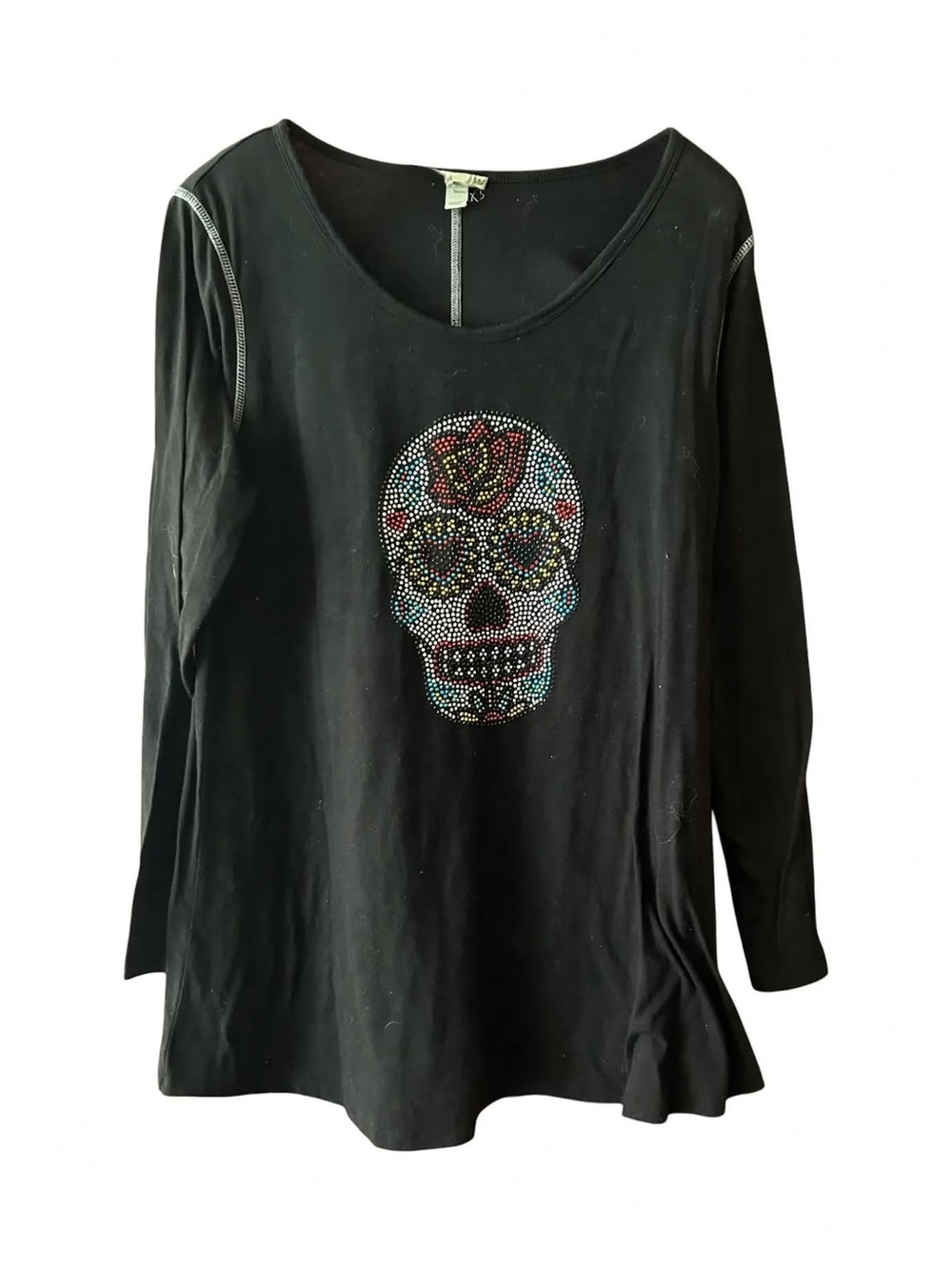 ONE WORLD Black Long Sleeve Top with Colorful Rhinestone Sugar Skull